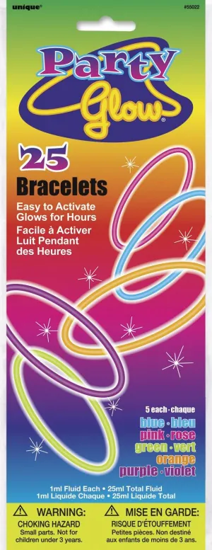 25 Pack Green-Pink-Blue-Orange-Purple Glow In The Dark Bracelets - 20cm