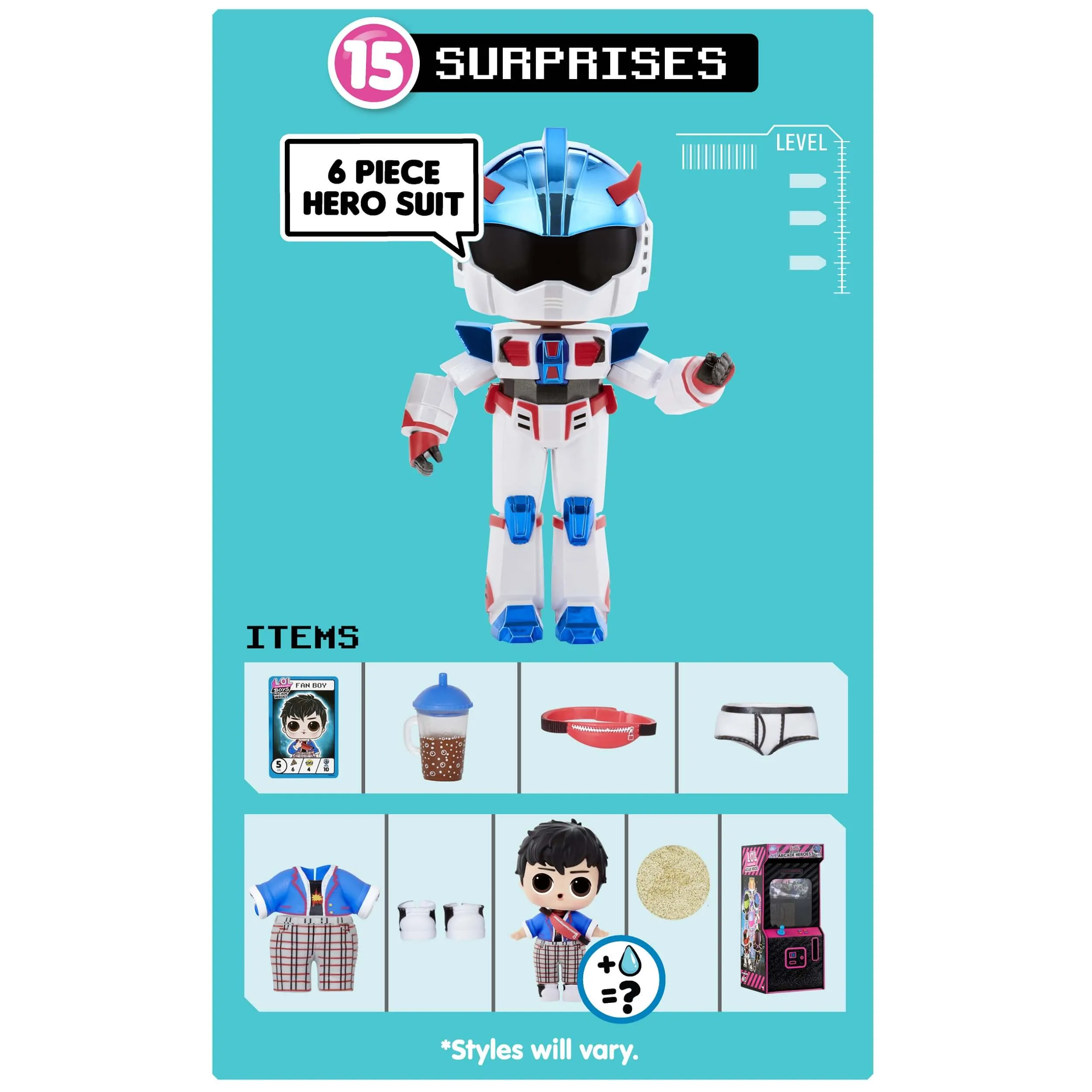 LOL Surprise Boys Arcade Heroes Action Figure Doll with 15 Surprises