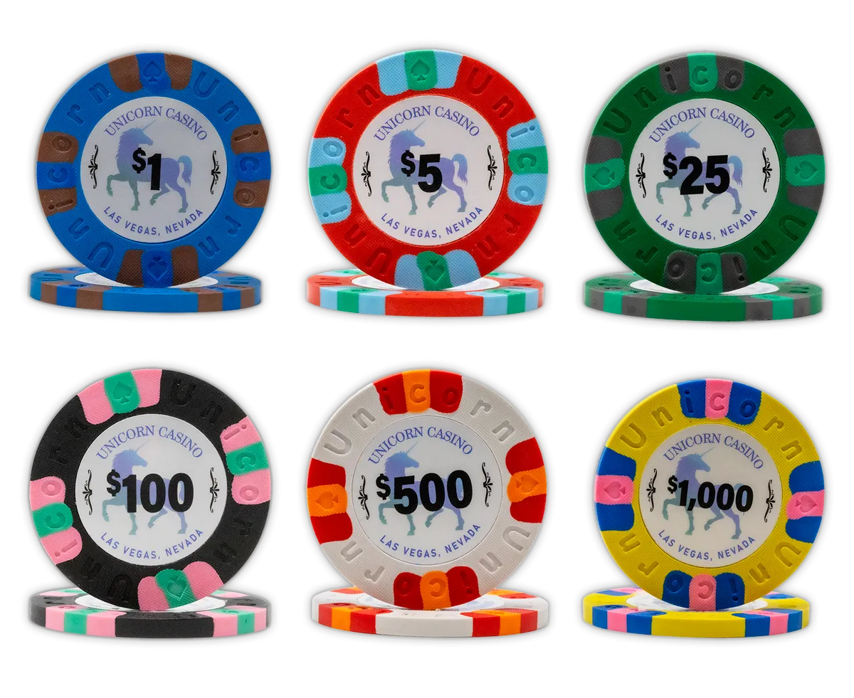 Unicorn Casino clay poker chips set with plastic playing cards in black ABS case - 500 chips