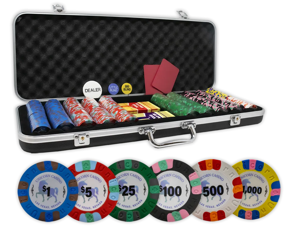 Unicorn Casino clay poker chips set with plastic playing cards in black ABS case - 500 chips